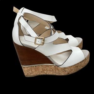 JIMMY CHOO Nate 120 Leather Cork Wedges, Latte Mix ivory/brown size 38(8)
